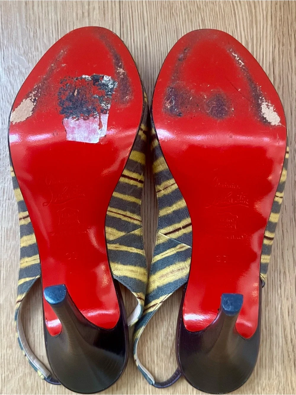 Christian Louboutin Striped Multicolor Peep-Toe Slingback Heels Size US 7/EU 37